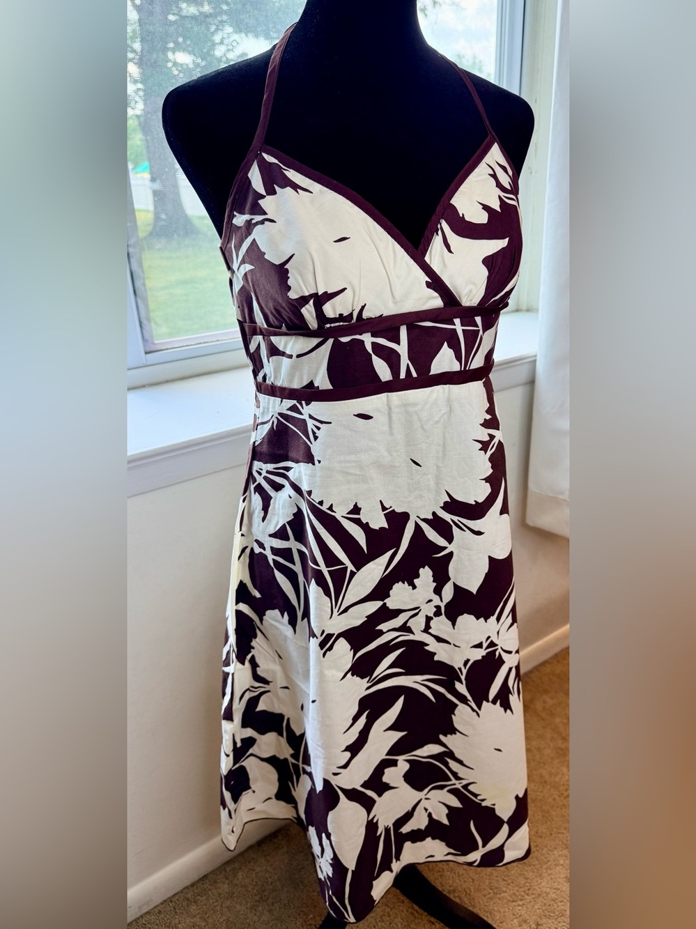 Y2K vintage summer halter sundress empire waist brown white tropical zip med - Picture 5 of 11